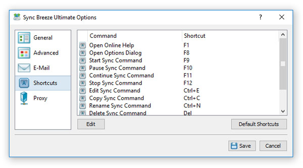 SyncBreeze Options Dialog Shortcuts